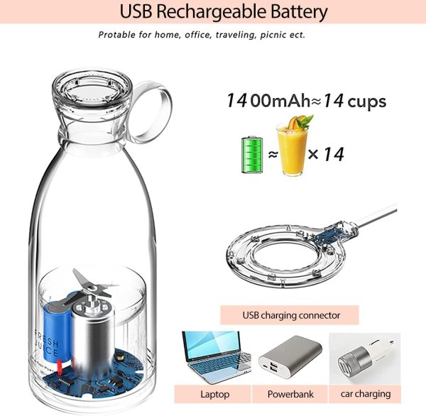 ⁦Tazweeq Portable Blender, Fresh Juicer Personal Size, Battery Powered USB, Four Blades, Mini Travel Bottle for Juice, Shakes, and Smoothies, On The Go for Sports, Travel & Office⁩ - الصورة ⁦3⁩