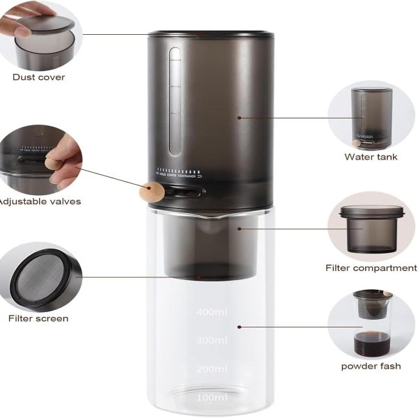⁦LinJie Cold Brew Coffee Machine, Cold Brew Coffee Maker Jar with Filter/Coffee Cold Drinks Machine, Drip Coffee Machines/Adjustable Drip Rate, Comes With 100 Filter Papers (Black)⁩ - الصورة ⁦2⁩