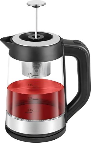 Electric Glass Kettle for Tea Capacity 1.8L Power 1500 Watts, Moveable Filter Arabic Tea Maker, Black Clear 2 Years Warranty | غلايه كهربائيه زجاجيه 1.8 لتر | صانع الشاي العربي غلاية