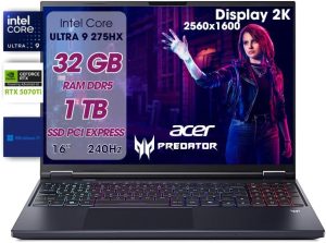 Acer Predator Helios Neo 16 AI Pc Gaming, Notebook Gaming Ultra 9 275HX, 32GB RAM DDR5, SSD 1TB PCIe, Display 16" WQXGA 240Hz, nVIDIA GeForce RTX 5070 Ti 12GB GDDR7, Laptop Gaming Keyboard RGB, W11