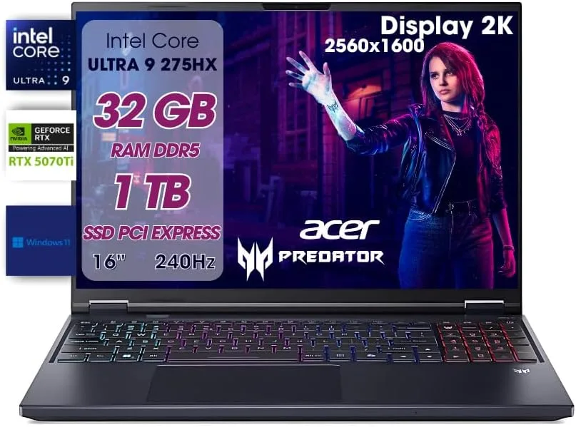 Acer Predator Helios Neo 16 AI Pc Gaming, Notebook Gaming Ultra 9 275HX, 32GB RAM DDR5, SSD 1TB PCIe, Display 16" WQXGA 240Hz, nVIDIA GeForce RTX 5070 Ti 12GB GDDR7, Laptop Gaming Keyboard RGB, W11