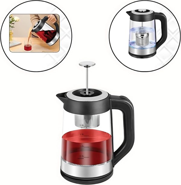 ⁦Electric Glass Kettle for Tea Capacity 1.8L Power 1500 Watts, Moveable Filter Arabic Tea Maker, Black Clear 2 Years Warranty | غلايه كهربائيه زجاجيه 1.8 لتر | صانع الشاي العربي غلاية⁩ - الصورة ⁦6⁩