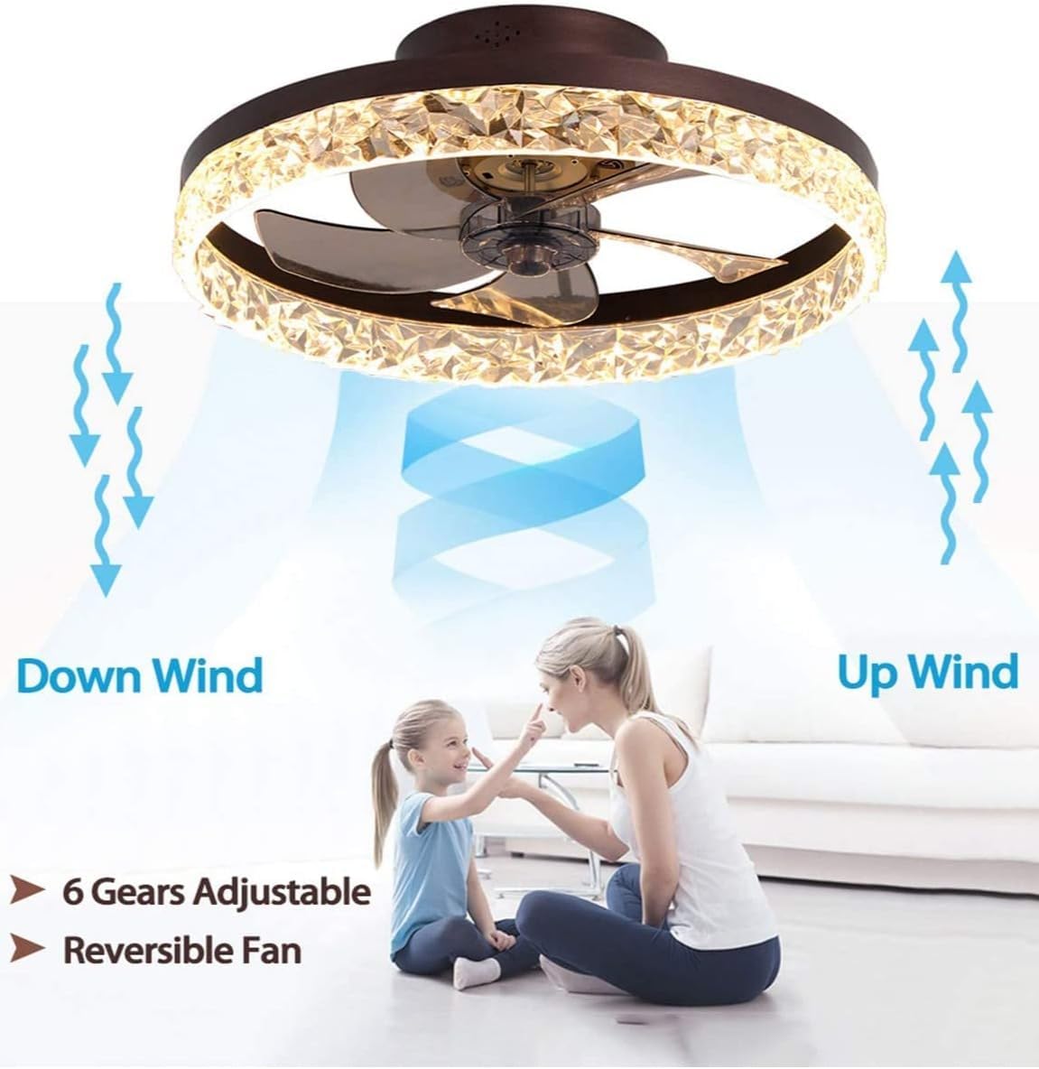 Ceiling fan with light, luxury crystal ceiling fan with remote control, 6 adjustable speeds, embedded ceiling fan 50 * 16.5 cm, suitable for living room bedroom (30W) 5 Ceiling fan with light, luxury crystal ceiling fan with remote control, 6 adjustable speeds, embedded ceiling fan 50 * 16.5 cm, suitable for living room bedroom (30W) - الصورة 5