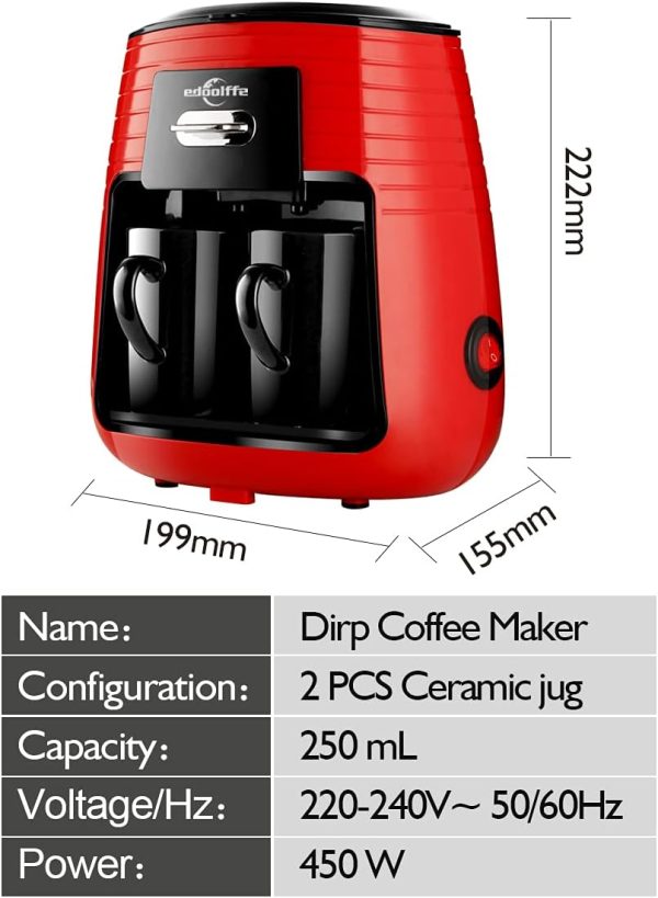 ⁦Edoolffe MD-235 Mini Drip Coffee Machine Tea Maker 250ml 450W with 2 Black Ceramic Cups⁩ - الصورة ⁦3⁩
