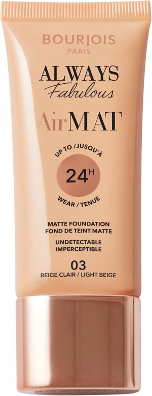 Bourjois Always Fabulous Air Mat Foundation - Lightweight Liquid Foundation - Natural Skin-Matte Finish - Long-Lasting Wear - Full Coverage - Up To 24hrs - Sensitive Skin - 30ml - 003 Light Beige