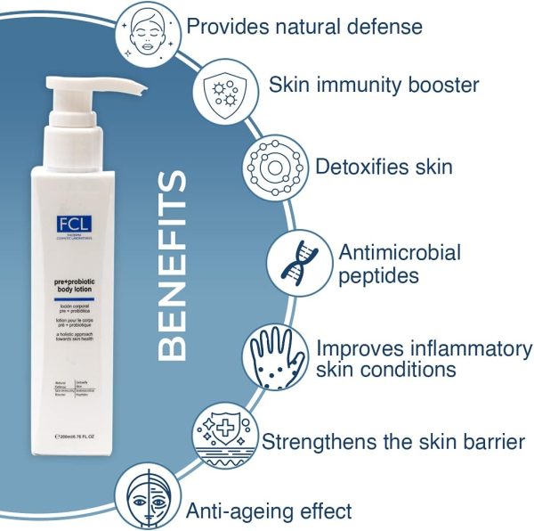 ⁦FCL Pre+Probiotic Body Lotion for Healthy Skin Nutrition with Probiotics | Lotion for Dry Skin, Itchy Skin & Sensitive Skin | Non Comedogenic, Paraben Free Lotion - 6.76 Fl Oz⁩ - الصورة ⁦3⁩