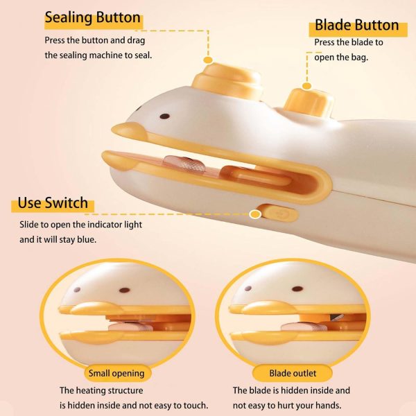 ⁦Azonee Mini Bag Sealer 2025 New Cute Duck Design 2-in-1 Chip Bag Sealer with Cutter, USB Rechargeable Heat Seal Machine for Food Storage, Snacks Freshness, Portable Handheld Sealer (1PC)⁩ - الصورة ⁦3⁩