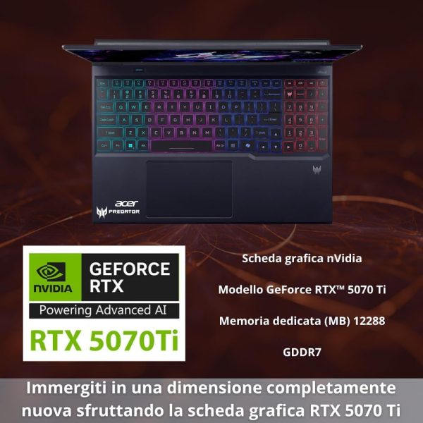 ⁦Acer Predator Helios Neo 16 AI Pc Gaming, Notebook Gaming Ultra 9 275HX, 32GB RAM DDR5, SSD 1TB PCIe, Display 16" WQXGA 240Hz, nVIDIA GeForce RTX 5070 Ti 12GB GDDR7, Laptop Gaming Keyboard RGB, W11⁩ - الصورة ⁦4⁩