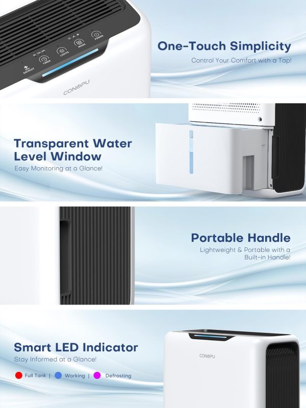 ⁦CONOPUPlus Dehumidifier 3000ML, Home Mould Dehumidifier for 20㎡, Sleep Mode 30 dB, Timer 6-24H, Automatic Defrost, 1.3 kWh, Portable Dehumidifier for Bedroom, Bathroom, Kitchen⁩ - الصورة ⁦7⁩