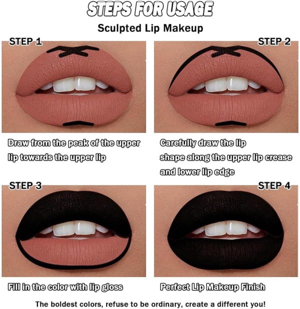 ⁦3Pcs Black Matte Liquid Lipstick and Lip Liner Set - Black Lip Gloss Stain Lipliner Set, Moisturizing Velvet Liquid Lipstick Lipgloss/Non-Stick Cup Lip Stain for Halloween Goth Makeup⁩ - الصورة ⁦6⁩