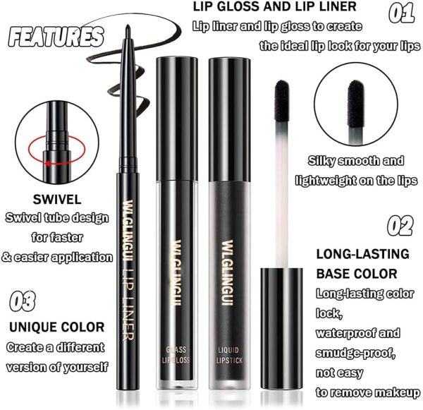 ⁦3Pcs Black Matte Liquid Lipstick and Lip Liner Set - Black Lip Gloss Stain Lipliner Set, Moisturizing Velvet Liquid Lipstick Lipgloss/Non-Stick Cup Lip Stain for Halloween Goth Makeup⁩ - الصورة ⁦5⁩