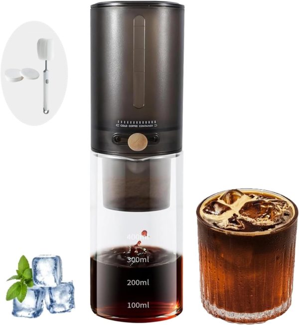 LinJie Cold Brew Coffee Machine, Cold Brew Coffee Maker Jar with Filter/Coffee Cold Drinks Machine, Drip Coffee Machines/Adjustable Drip Rate, Comes With 100 Filter Papers (Black)