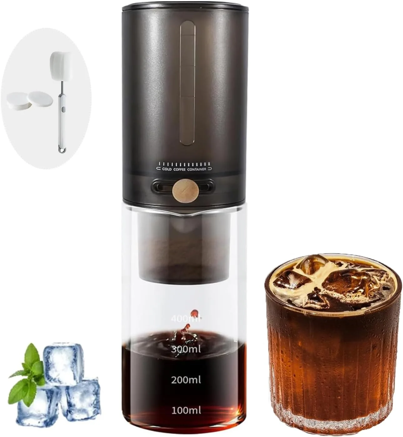LinJie Cold Brew Coffee Machine, Cold Brew Coffee Maker Jar with Filter/Coffee Cold Drinks Machine, Drip Coffee Machines/Adjustable Drip Rate, Comes With 100 Filter Papers (Black)