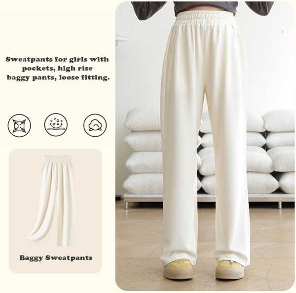 ⁦Djeanxa Girl's Wide Leg Sweatpants Baggy Straight Loose Sweat Pants High Waist Causal Kids Athletic Pants with Pockets 6-14Y⁩ - الصورة ⁦2⁩