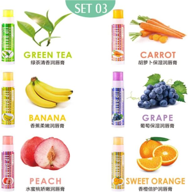 ⁦Azonee Fruit Flavored Lip Balm Set, 6-Pcs Vitamin E Honey Infused Lip Care for Chapped Lips, Natural Moisturizing Lip Balm for Kids Adults, Includes Green Tea Carrot Banana Grape Peach Orange (Set 3)⁩ - الصورة ⁦4⁩