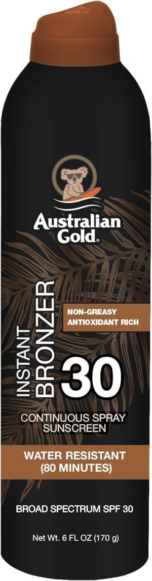 Australian Gold Continuous Spray Sunscreen with Instant Bronzer SPF 30, Immediate Glow & Dries Fast Water Resistant NonGreasy Oxybenzone Free Cruelty Free, Bronzer New, Orange, 6 Oz