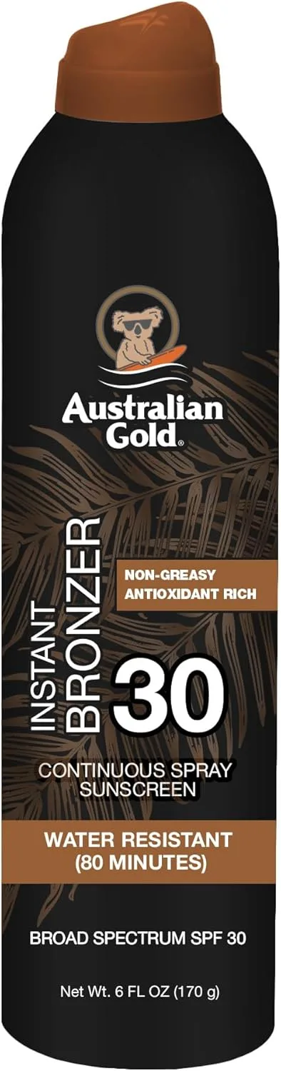 Australian Gold Continuous Spray Sunscreen with Instant Bronzer SPF 30, Immediate Glow & Dries Fast Water Resistant NonGreasy Oxybenzone Free Cruelty Free, Bronzer New, Orange, 6 Oz