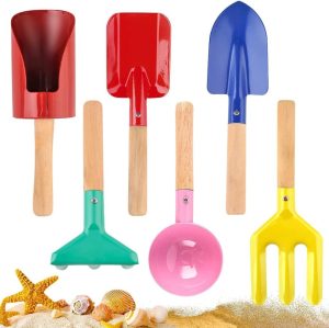 6pcs Sand Toys Set,Beach Toys Shovel for Kids,Gardening Tools Set with Cylinder,Spoon,Fork,Rake,Flat Shovel & Pointed Shovel,Hand Metal Real Garden Loosening Soil Planting Tools for Toddlers