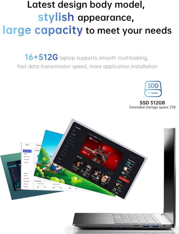 ⁦2025 Laptop with Intel Quad-Core Processor 16GB DDR4 RAM 512GB SSD,15.6 Inch FHD IPS Display, WiFi,Metal Body,5000mAh Battery,USB3.2,Portable Windows 11 Laptops Computer for Business Office Student⁩ - الصورة ⁦3⁩