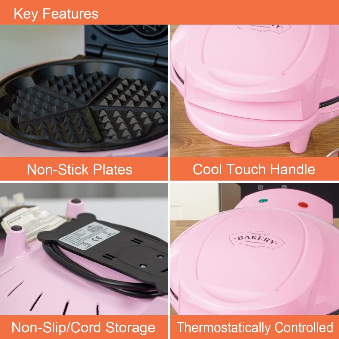 Global Gizmos 35570 Heart Shaped Waffle Maker / 1000W / Unique Thermostatic Design/Non-Stick Plates/Easy Clean / 25cm x 22cm / Pink Colour 5 Global Gizmos 35570 Heart Shaped Waffle Maker / 1000W / Unique Thermostatic Design/Non-Stick Plates/Easy Clean / 25cm x 22cm / Pink Colour - الصورة 5