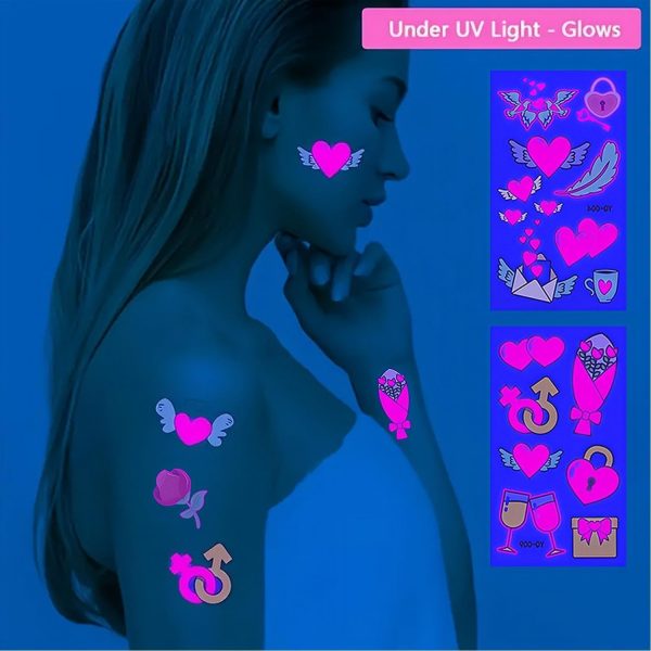 ⁦Tazweeq Valentines Day Temporary Tattoo Adult Kids, Romantic Red Heart Fake Tattoos, Love Gift Pink Luminous Tattoo Stickers, Glow at Night Semi Permanent Tattoo, for Women Valentines Decoration⁩ - الصورة ⁦8⁩