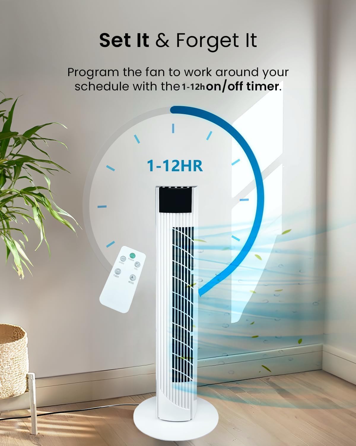 Jorunb Tower Fan with Remote 90 Oscillation Bladeless Standing Fan 27ft/s High-Speed 34dB Quiet Floor Fan Pedestal Fans with 3 Speeds 3 Modes 12H Timer Temperature LED Display (White) 5 Jorunb Tower Fan with Remote 90 Oscillation Bladeless Standing Fan 27ft/s High-Speed 34dB Quiet Floor Fan Pedestal Fans with 3 Speeds 3 Modes 12H Timer Temperature LED Display (White) - الصورة 5