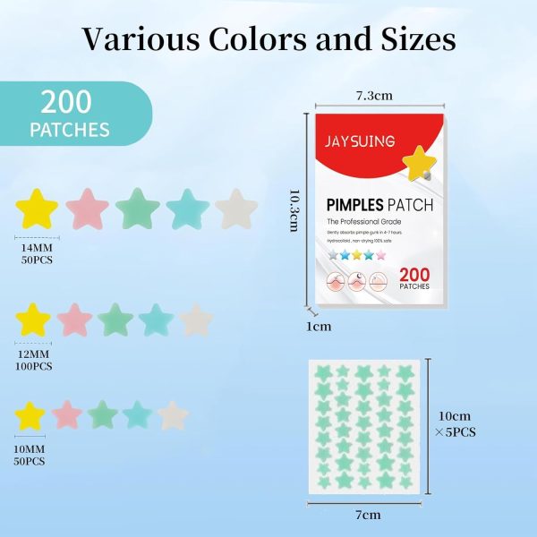 ⁦200Pcs Acne Pimple Patches, Hydrocolloid Acne Patch,Pimple Patches for Face, Colorful Star Pimple Spot Sticker with Hyaluronic Acid, for Covering Zits and Blemishes⁩ - الصورة ⁦7⁩