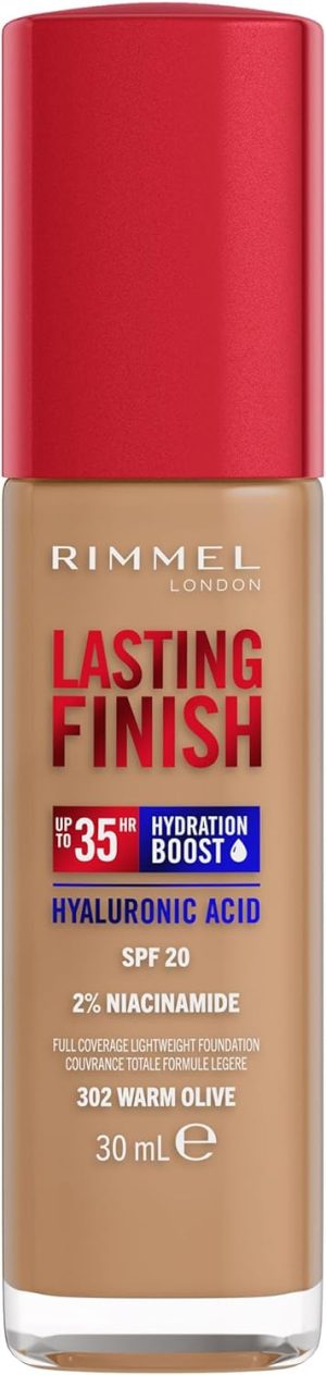 Rimmel London Lasting Finish 35 Hour, 302 Warm Olive, Foundation, Long-Wearing, Hydrating, Vegan Formula, Full-Coverage, 30ml (1oz)
