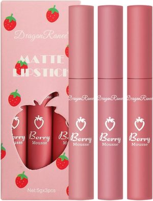 Beautishop 3Pcs Strawberry Set Matte Liquid Lipstick Makeup Set, Long Lasting Lip Gloss Non-Stick Cup is Not Easy to Fade, Waterproof Matte Lip Glaze Lipstick (C)