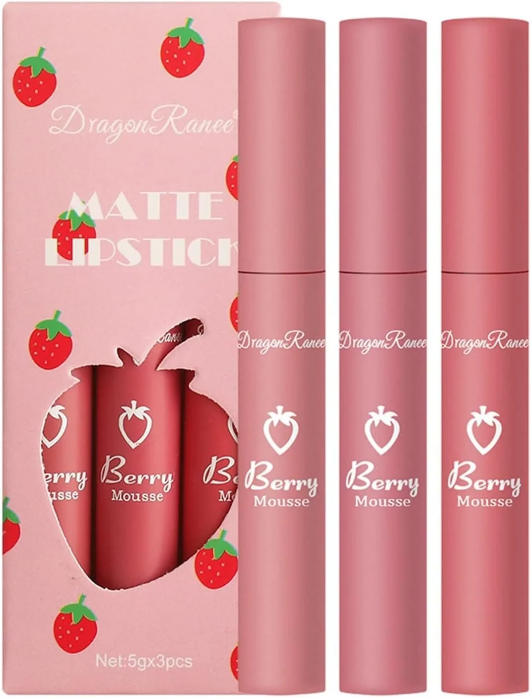 Beautishop 3Pcs Strawberry Set Matte Liquid Lipstick Makeup Set, Long Lasting Lip Gloss Non-Stick Cup is Not Easy to Fade, Waterproof Matte Lip Glaze Lipstick (C)