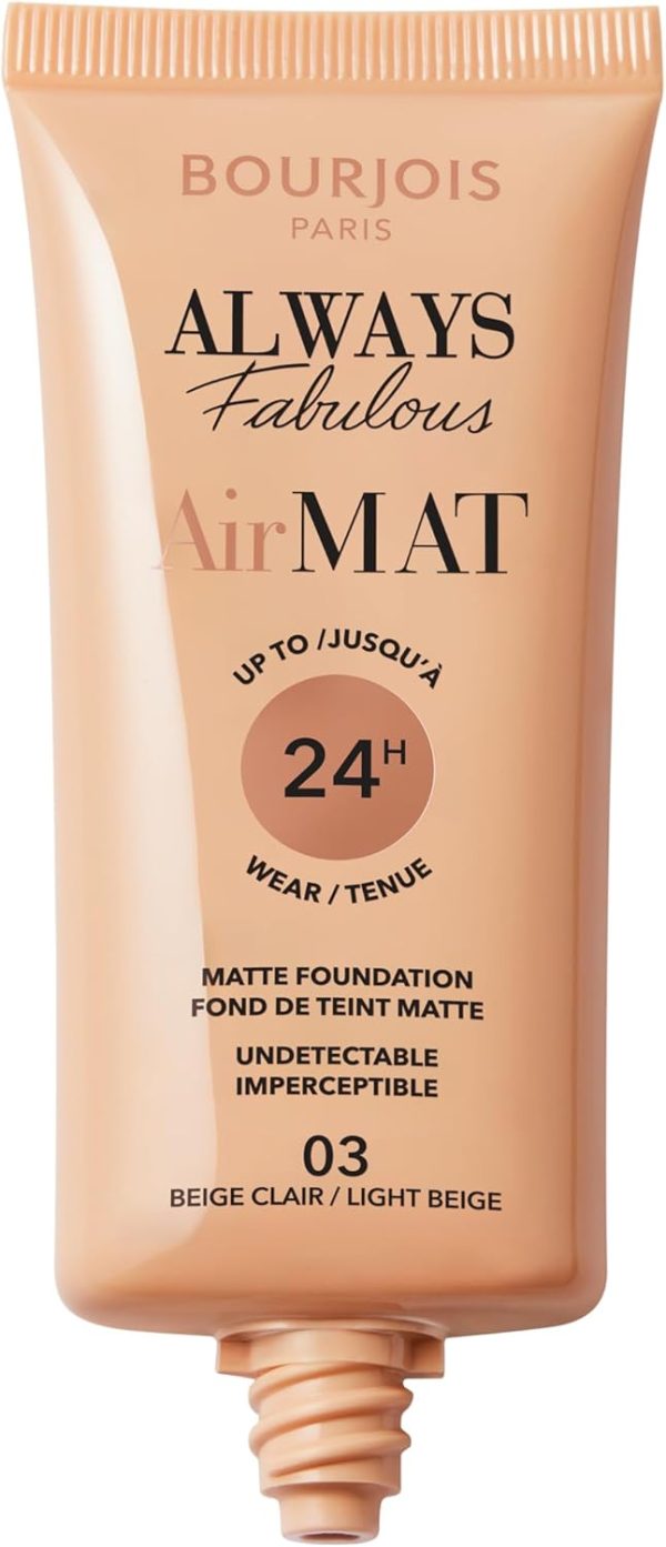 ⁦Bourjois Always Fabulous Air Mat Foundation - Lightweight Liquid Foundation - Natural Skin-Matte Finish - Long-Lasting Wear - Full Coverage - Up To 24hrs - Sensitive Skin - 30ml - 003 Light Beige⁩ - الصورة ⁦2⁩