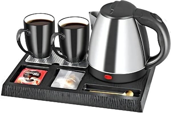 ⁦1.2L 1500W Stainless Steel Electric Water Kettle Set with 2 Cups for Tea and Coffee and Serving Tray | Water Kettle for Hotels, Offices & Homes | Hotel Water Kettle⁩ - الصورة ⁦3⁩