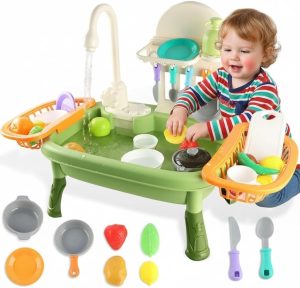 LUCKY Play Sink with Running Water, Kitchen Sink Toys with Upgraded Electric Faucet, Plays Kitchen Toys Accessories, Pool Floating Fishing Toys for Water Plays, Kids Role Play Dishwasher Toys