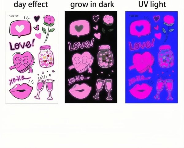 ⁦Tazweeq Valentines Day Temporary Tattoo Adult Kids, Romantic Red Heart Fake Tattoos, Love Gift Pink Luminous Tattoo Stickers, Glow at Night Semi Permanent Tattoo, for Women Valentines Decoration⁩ - الصورة ⁦7⁩