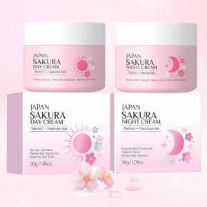 2 Pieces Sakura Day Cream & Night Cream Duo for Teenage Girls, Anti-Ageing Face Cream Set with Retinol, Hyaluronic Acid and Vitamin C, Day and Night Cream Moisturising Cream for Women