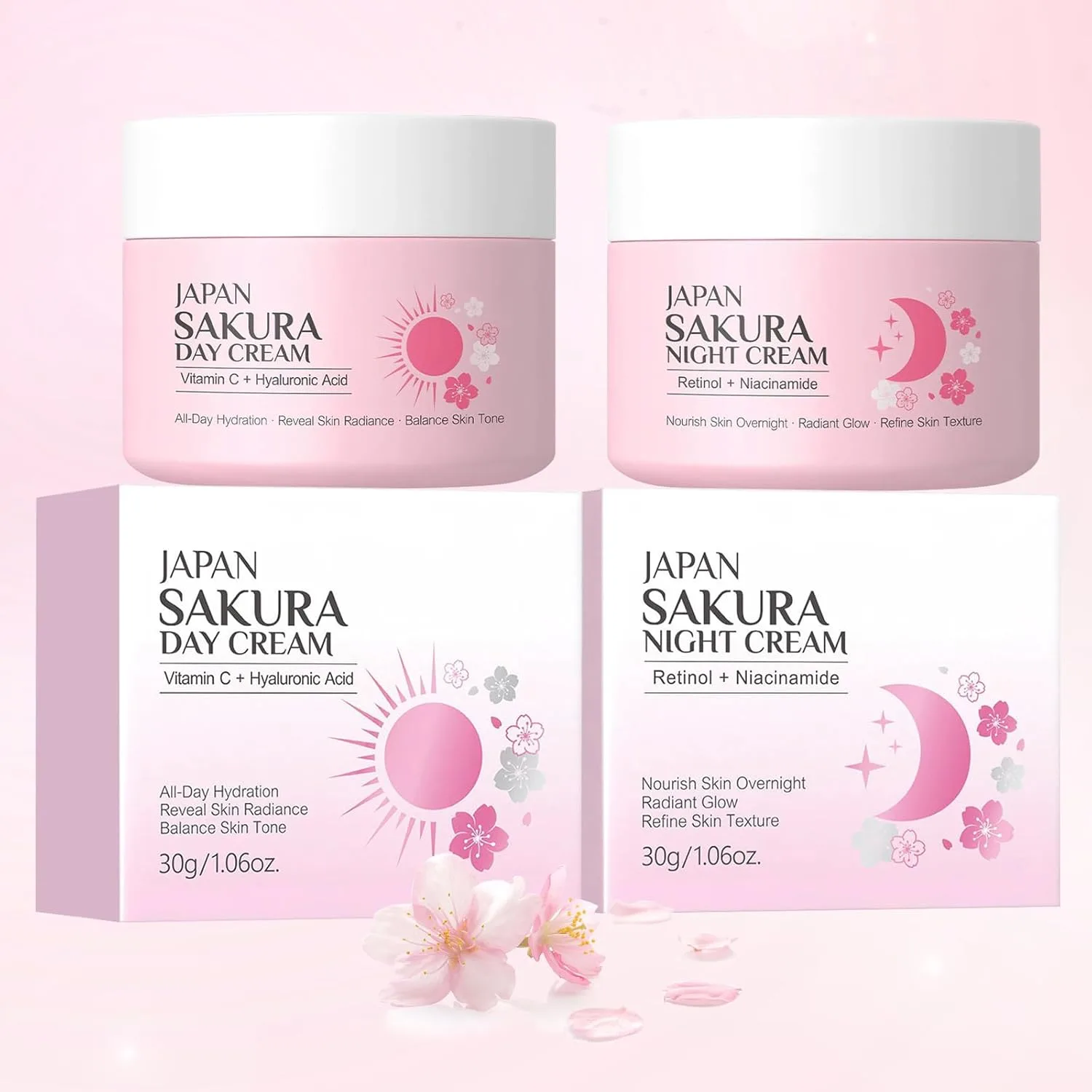 2 Pieces Sakura Day Cream & Night Cream Duo for Teenage Girls, Anti-Ageing Face Cream Set with Retinol, Hyaluronic Acid and Vitamin C, Day and Night Cream Moisturising Cream for Women