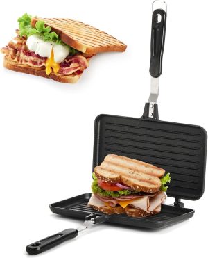 ALMEKAQUZ Sandwich Maker, Grilled Sandwich and Panini Maker Pan, with Non-Stick Plates and Handle, Stovetop Toasted Sandwich Maker Aluminum Flip Pan for Home Kitchen, Camping Cookware Equipment.