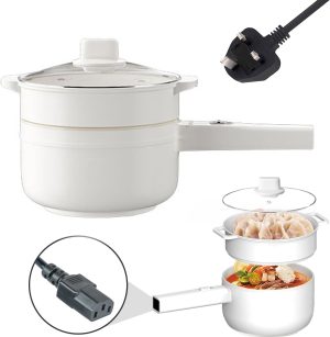 HI-FINE Electric Hot Pot with Steamer & Temperature Control, 2L Non-Stick Electric Cooker, Electric Skillet, Frying Pan, Electric Saucepan, for Noodles, Egg, Steak, Oatmeal and Soup