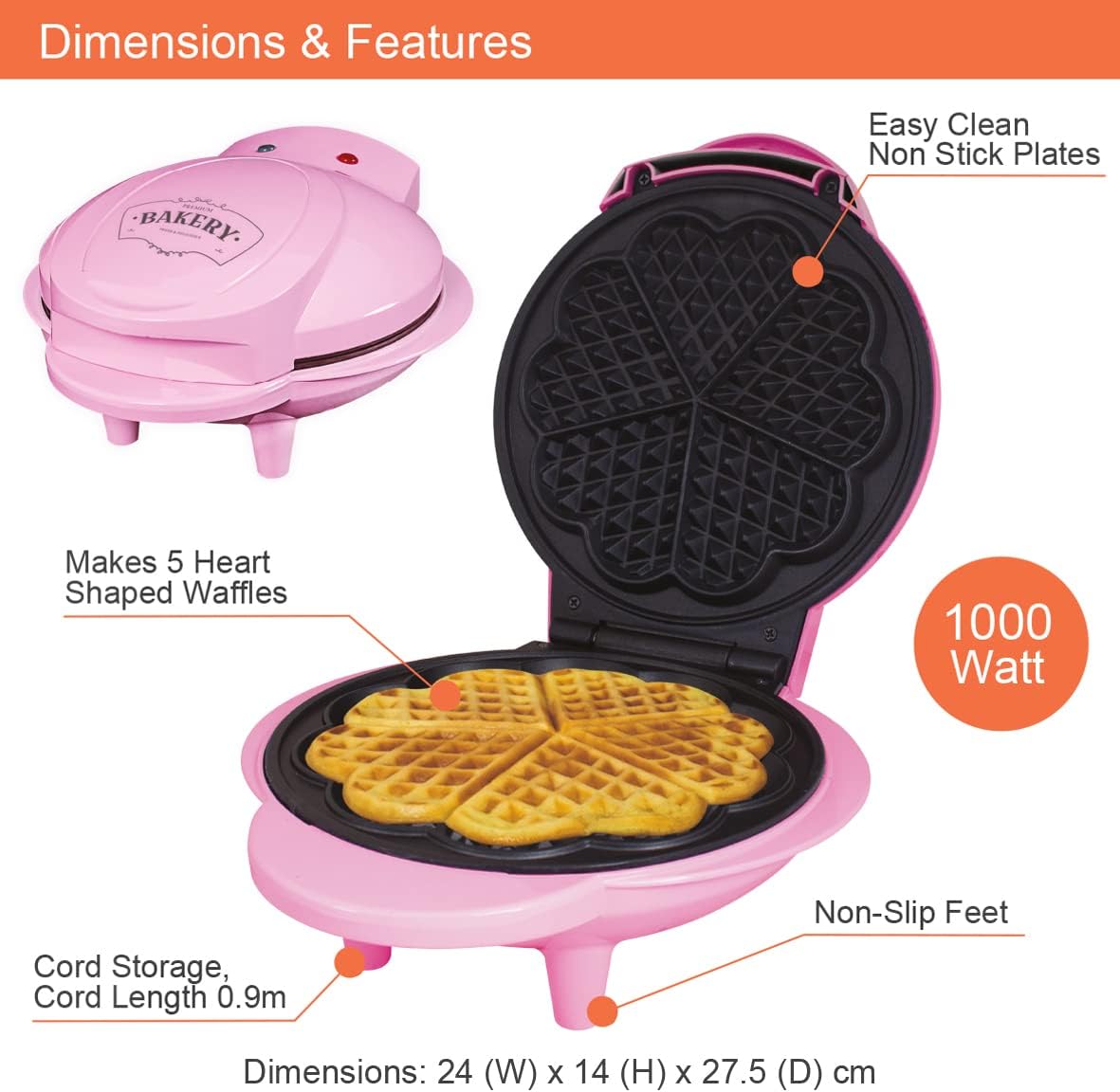 Global Gizmos 35570 Heart Shaped Waffle Maker / 1000W / Unique Thermostatic Design/Non-Stick Plates/Easy Clean / 25cm x 22cm / Pink Colour 4 Global Gizmos 35570 Heart Shaped Waffle Maker / 1000W / Unique Thermostatic Design/Non-Stick Plates/Easy Clean / 25cm x 22cm / Pink Colour - الصورة 4