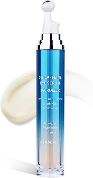 VRAIKO Eye Serum for Dark Circles and Puffiness, 5% Caffeine 8% Retinol Under Eye Cream with Build-In 3D Roller Applicator, Hyaluronic Acid Peptide for Hydration Fine lines Wrinkles, 0.5 fl oz