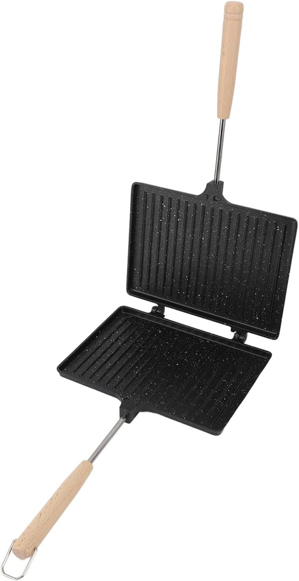 ⁦gernie Sandwich Maker Grill, Aluminum Alloy Non Stick Sandwich Toaster with Removable Wooden Handle Double Sided Sandwich Hand Toaster for Cooking Breakfast, Grilled Cheese⁩ - الصورة ⁦7⁩