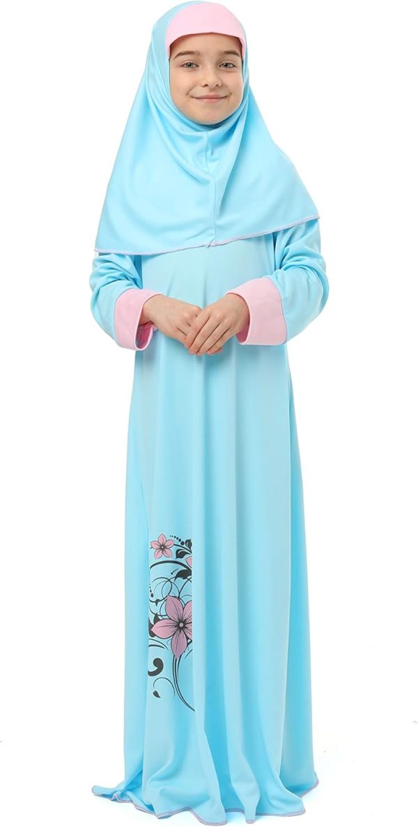 ⁦Girl's Prayer Islamic Dress Flower Printed Sleeve Cuffed Prayer Set for Muslim Girls⁩ - الصورة ⁦3⁩
