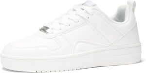 LUCKY STEP Women Fashion Sparkle Rhinestone Sneakers White Leather Low Top Tennis Shoes Lace Up Casual Comfortable Walking Shoe