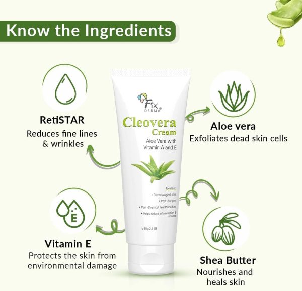 ⁦Fixderma Cleovera cream, Skin moisturizer with Aloe vera, reduces inflammation & redness, soothing & hydrating cream, Post surgery, after shaving & waxing cream, Paraben free- 60gm⁩ - الصورة ⁦5⁩
