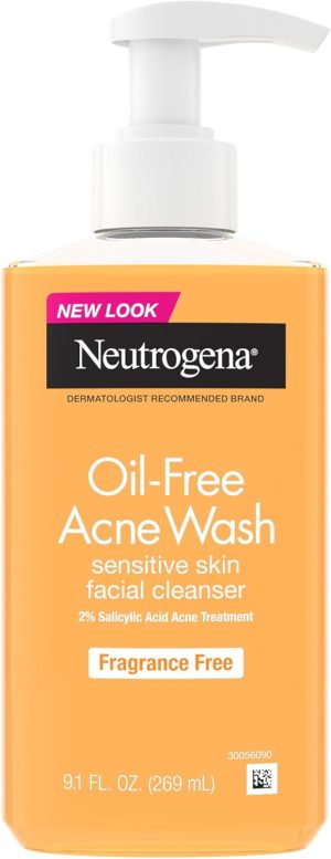 Neutrogena Oil-Free Acne Face Wash, Fragrance Free, Sensitive Skin Facial Cleanser with 2% Salicylic Acid Acne Treatment for Face, 9.1 Fl Oz