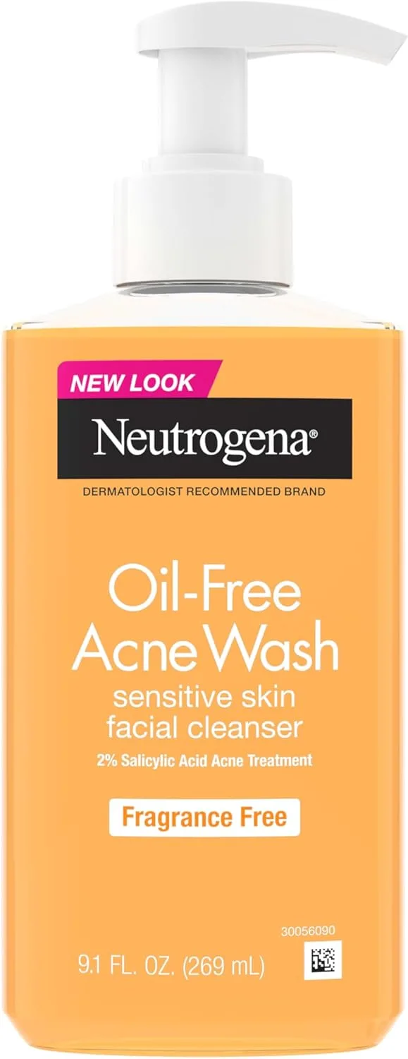 Neutrogena Oil-Free Acne Face Wash, Fragrance Free, Sensitive Skin Facial Cleanser with 2% Salicylic Acid Acne Treatment for Face, 9.1 Fl Oz
