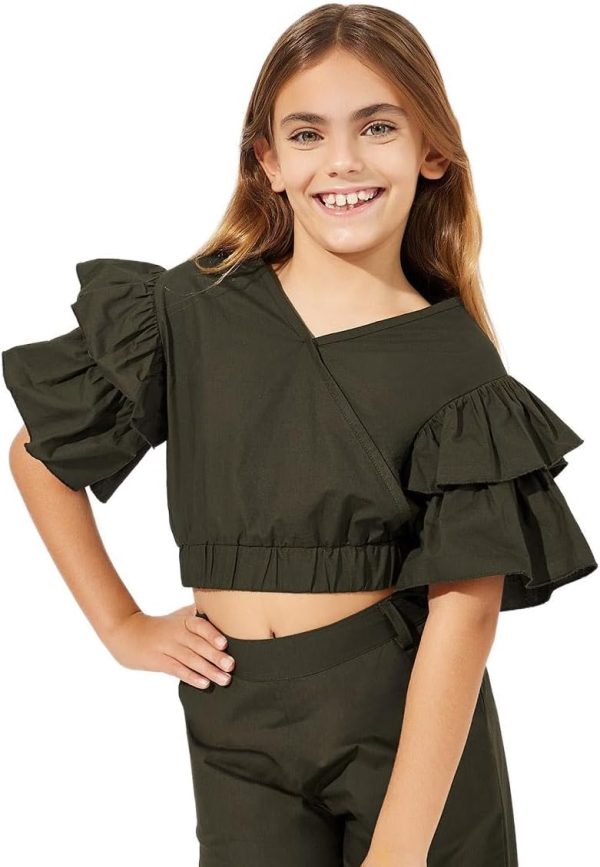 ⁦STYLI Girls Layered Sleeve Crop Top & Wide Leg Pants Set⁩ - الصورة ⁦2⁩