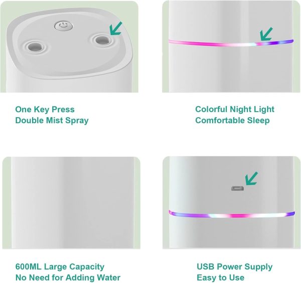 ⁦X spring Air Humidifier, 600ML Quiet Humidifiers for Bedroom, USB Personal Desktop Humidifier, Portable Cool Mist Humidifier with Colorful Mood Lights, Auto Shut-Off Humidifiers for Office, Bedroom⁩ - الصورة ⁦2⁩