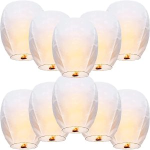 Offermax Sky Lanterns, Chinese Lanterns Fully Assembled, Flying Lanterns Easy to Use, Paper Lanterns for Parties, Birthdays, Events, Weddings, New Years, Memorial Ceremonies. (10 Pack White)