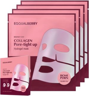 EQQUALBERRY Collagen Pore-Tight Up Mask - PDRN & Low Molecular Collagen for Pore Minimizing and Firming | Korean Collagen Face Mask for Glass Skin, 4 Sheets, 1.01 OZ.